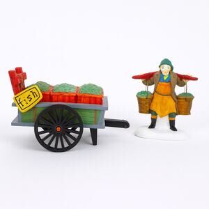 Department 56 Christmas Village Figurine Fish Cart & Fish Vendor Figure No Lamp